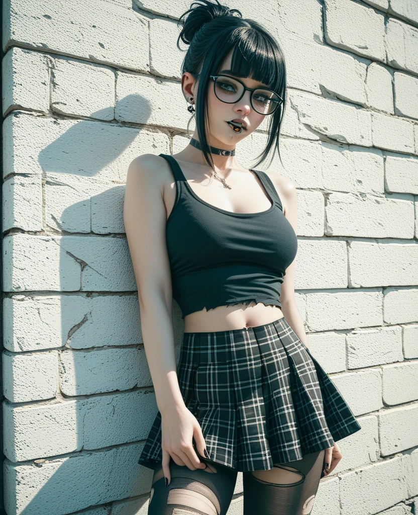 ((masterpiece, best quality)),best aesthetic, 1girl, looking at viewer, kneeling, solo focus, goth woman, pale skin, glasses, cat ears, crop top, green plaid flannel shirt, fishnet stockings, black and green hair, short hair, green eyes, freckles, thick eyebrows, short skirt, autumn trail, hard nipples, foggy day, thick thighs, short skirt, black lipstick, smiling