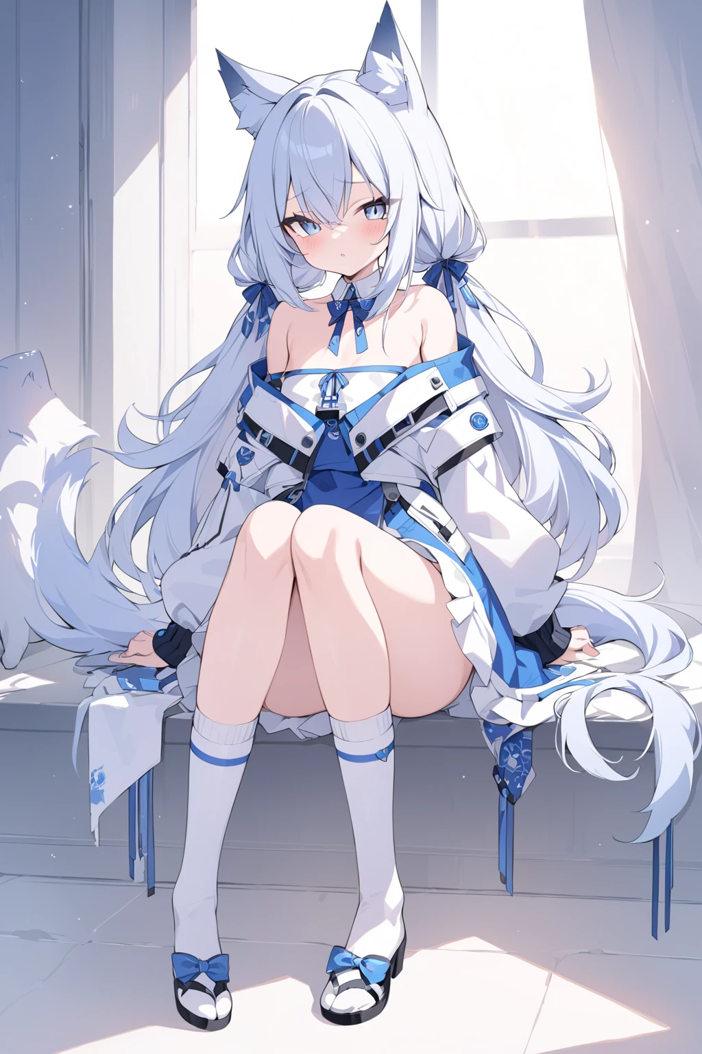 short detailed hair,Fluffy light blue,Wear a white and blue fluffy skirt,It has blue fox ears,Black extra-thick-rimmed glasses,Wearing knee-length white silk,panties visible, This is a cute loli girl