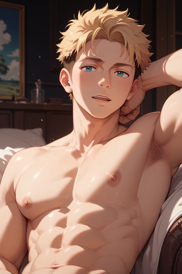 (masterpiece:1.2, best quality), (real picture, intricate details), 1boy, solo, upper body, casual, short hair, natural fabrics, close-up face, smile, home 1boy, bangs, platinum blonde hair, green eyes, hair between eyes, looking at viewer, male focus, pantless, shirtless, solo, messy hair, trending on artstation, 8k resolution, highly detailed, anatomically correct, sharp image, digital painting, concept art, trending on pixiv, style of makoto shinkai, shirtless, no shirt, abs, European, cute boy, boy, no body hair, handsome boy, smile, European, pale, gentle, face closeup, hole, home settings, casual, NSFW, naked, showing dick, showing cock, naked, ((completely naked)), showing cock, cock, penis, dick, manhood.