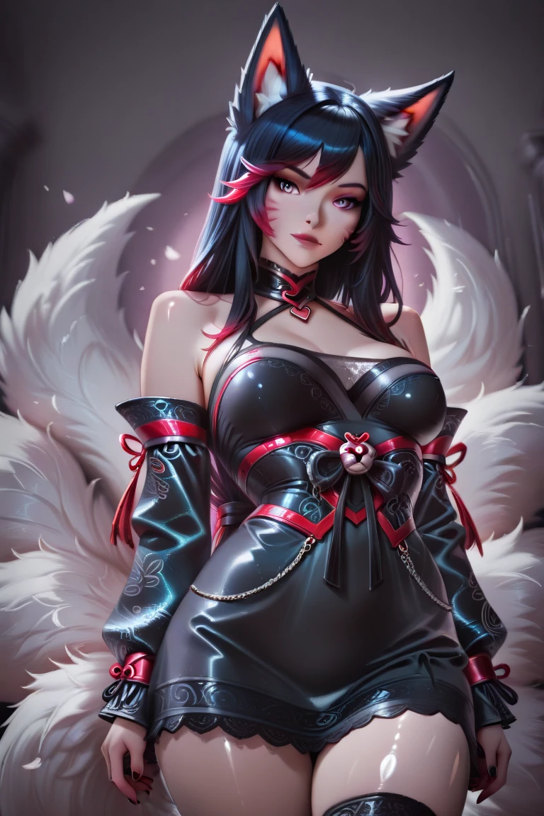 Dark magician gils con vestido de gala color Negro. Ella usa tacones rojos, tiene aretes. Usa collares. Cabello rubio y largo. Ojos azules. Labios rojos. Pose sensual y sujestiva. Fondo de Castillo