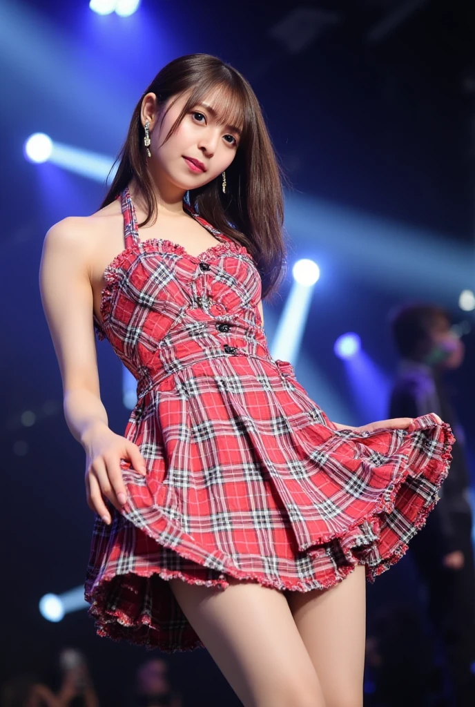 (best quality,8k,RAW,highres,masterpiece:1.2),(realistic,photorealistic:1.37),1girl,((maid uniform、sexy maid clothes,mini skirt、white socks, over-the-knee socks、loafers、(off sholder),Are standing)) 。low angle,from below ,smiling and facing towards the viewer,open mouse,open legs,show me underwear ,legs up ,arms up,)long eyelashes,glimmering eyelids,accurate anatomical proportions,detail skin,detail face