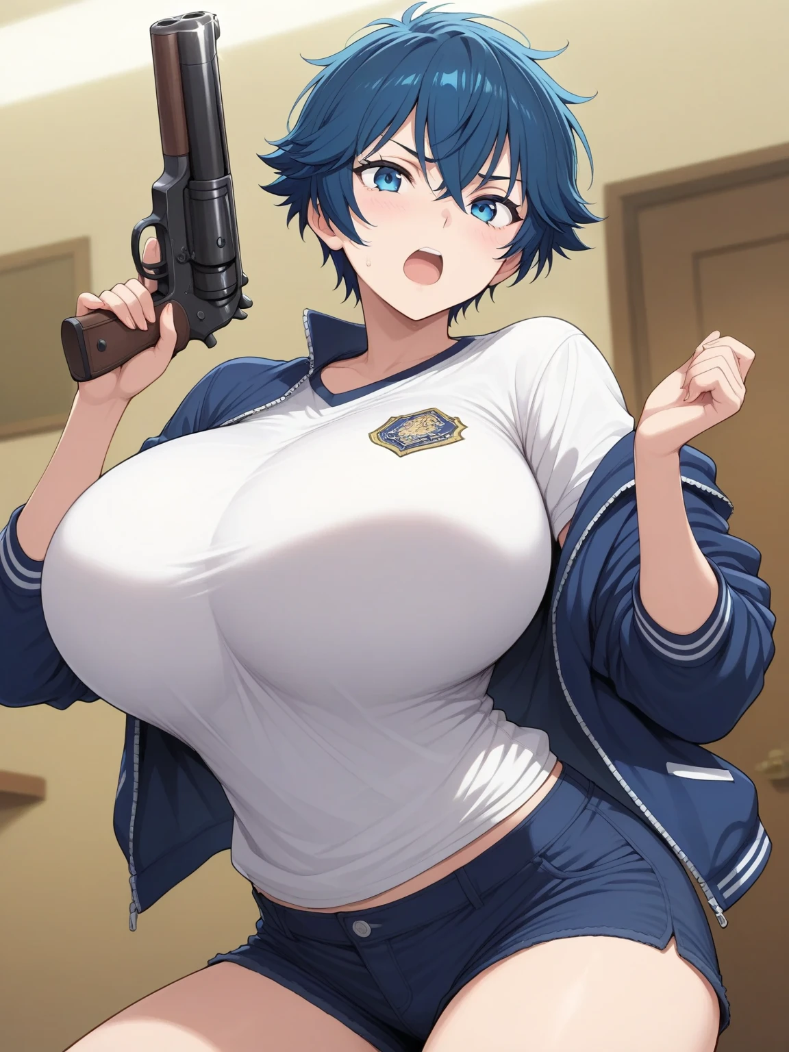 Slime girl, (slime), Slime hair Double buns hair style, Pumpkin Orange, weapon belt, Masterpiece, Best Quality, gigantic breasts, slime girl, slime girl, purple hair, lavender hair, yellow clothes, weapon belt around waistline, rifle, long rifle, AR-15 Rifle, assault rifle, exposed yellow bra, yellow clothing, wearing yellow clothing, fully body view