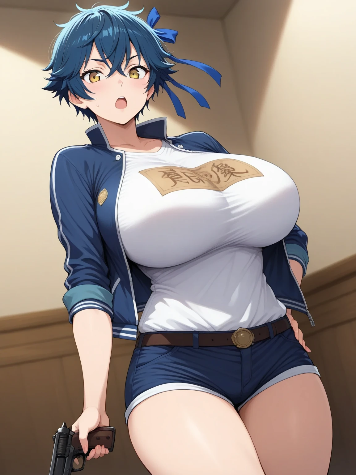 (masterpiece), 1girl, solo, cleavage, hanging , leaning forward, wide hips, horny face, pkmnLana, pokemonlana, pokemonlana, blue eyes, blue hair, freckles, hairband, short hair, white pupils, yellow hairband, (bright pupils:1.5), big breasts, large breasts, breast focus, both hand on hips, smirk