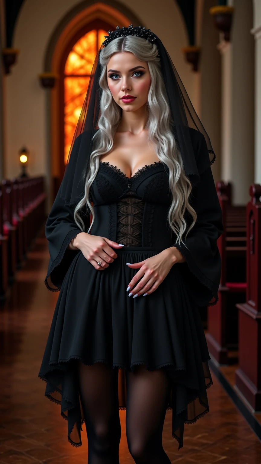 An Elf female with white hair, wearing a black nun's habit, large breasts, full body pose,
