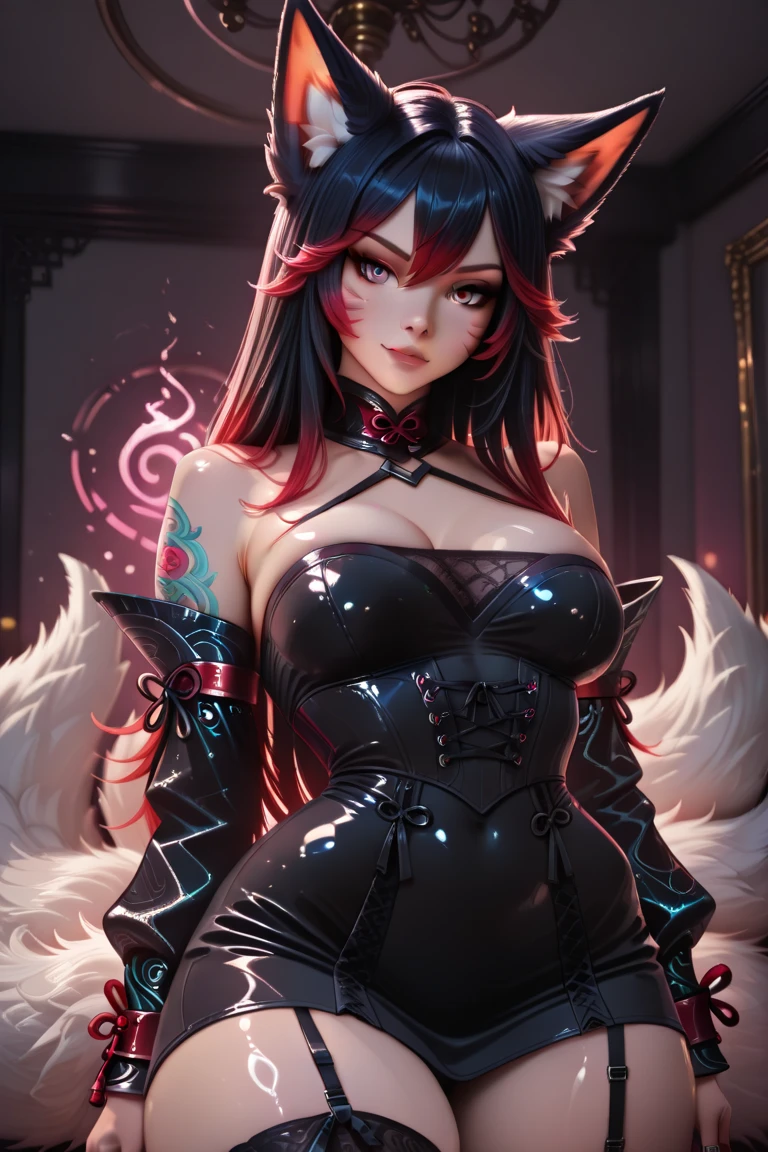best quality masterpiece, perfect impasto, beautiful hand, AkagiV5, 1girl, solo, full red blush | fully mature, ((body stocking, black pants, ankle boots)), large breast | cleavage, makeup, tails, multiple tails, kitsune, outdoors, city alley, cowboy shot, sitting, <lora:AkagiV5:0.8>,  <lora:add_detail:1>
