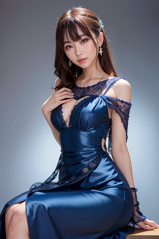 8k, UHD, HDR, Best quality, masterpiece, ultra high res, (photorealistic:1.4) , raw photo, 1girl, vibrant blue dress, offshoulder,(Grabbing the Chest: 1.4), in the dark, deep shadow, caustics, looking at the viewer with a serene bliss, volumetric light