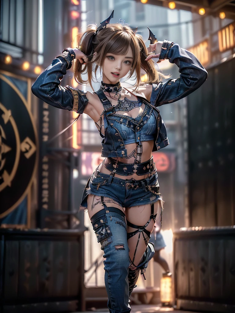 (Full Body View:1.3)、(Beautiful lips and nose:1.4)、(Long eyelashes:1.4)、(Side view:1.1)、(Smiling with teeth showing:1.3),(Shibuya Gal:1.5)、(Gothic ta delicately decorated dress:1.5)、(Tattered denim and black punk rock cargo pants:1.5)、(Denim and white skull mark small jacket:1.4)、(denim garter belt:1.5)、(Black and denim knee socks:1.3)、(Skull Silver Accessories:1.5)、(Denim collar:1.3)、(Brown Skin Belt:1.4)、(Brown boots:1.2)、(The underwear is striped:1.4)、31 years old、((Highest quality、In 8K、masterpiece:1.3))、Sharp focus:1.2、(Layered Cut、Huge boobs:1.1),Beautiful woman with perfect figure:1.4、(Dancing vigorously:1.3)、Slender Abs:1.2、Highly detailed face and skin texture、Detailed eyes、double eyelid,(Twin tails:1.3)、(Brown-golden hair:1.3)、Gravure idol、(The background is a gorgeous celestial temple:1.3)、(Slim body:1.2),(Make your legs thinner:1.4),(clavicle:1.1)