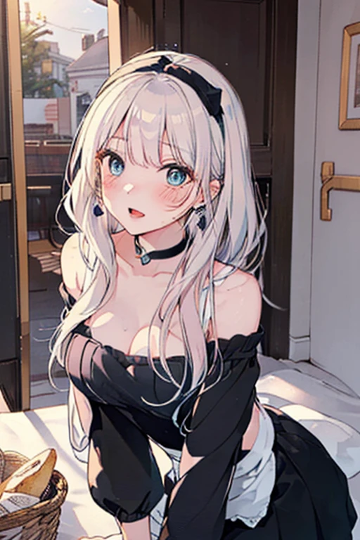 ((Biologically correct limb count))、(( From head to toe、Full-body photo including face))、4K、((Standing position))、masterpiece、((Focus on the face))、((Symmetrical facial features))、Eyes with detailed description、Beautiful woman、Great style、Beautiful arms、Beautiful legs、Beautiful Hands、(Small Ass、Thin thighs）、Facial detailing、Small earrings、necklace、(In boulangerie、Latex skirt、High heels、stockings）、Face close-up、Surprise expression、The background is the park in the morning.、beret、Silver Hair、Troubled expression、Panty shot、Sitting with legs crossed