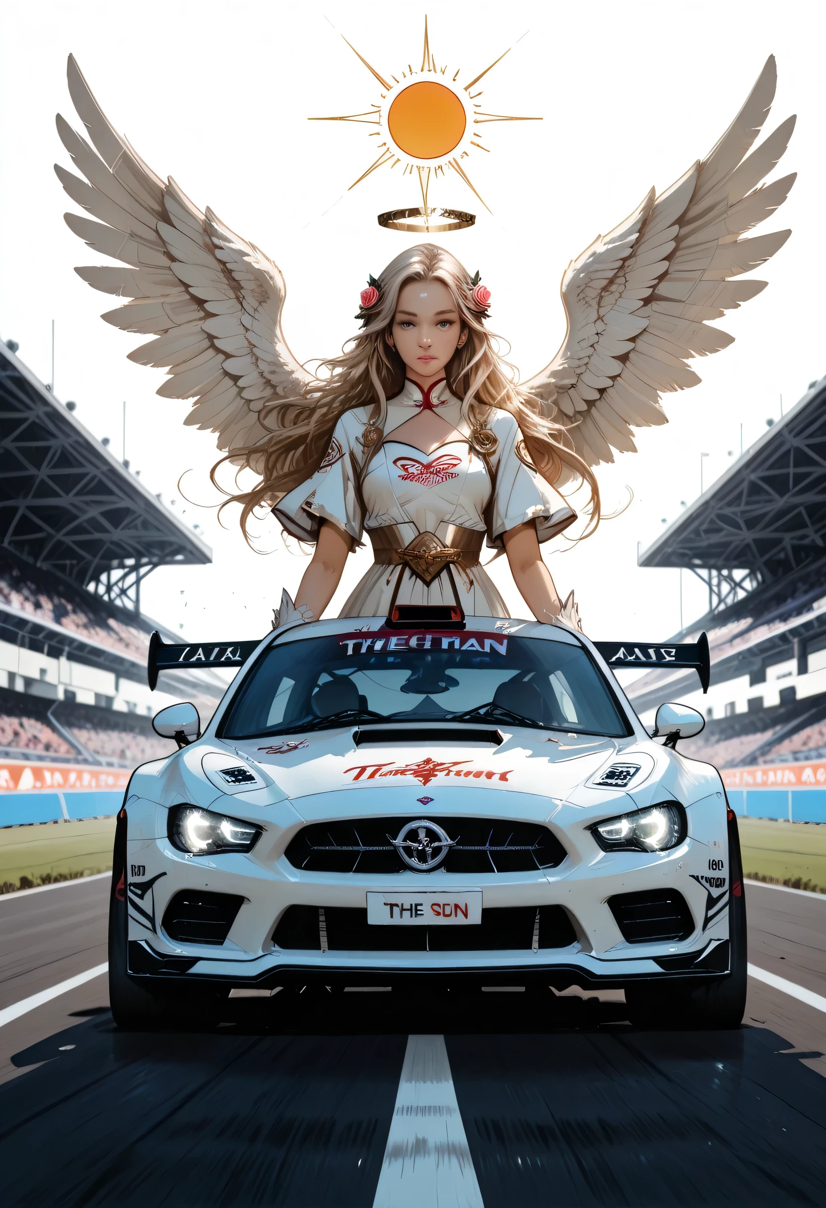 there is a white racing car on a race track, the car has white angel wings, roses along the track, the sun is setting behind the car,  zavy-ctcmcs, w1n