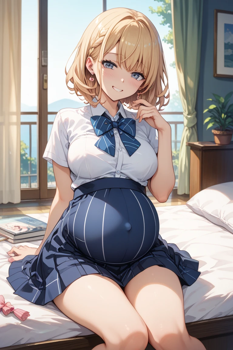 (best quality,4k,8k,highres,masterpiece:1.2),ultra-detailed,(realistic,photorealistic,photo-realistic:1.37),HDR,UHD,studio lighting,ultra-fine painting,sharp focus,physically-based rendering,extreme detail description,professional,vivid colors,bokeh,portraits

parted lips,wallpaper,only upper body,skirt,thighighs,uniform lift,pregnant,light smile,blonde hair,violet eyes,long ponytail,looking at viewer,front view,POV,sitting in bed,medium breasts