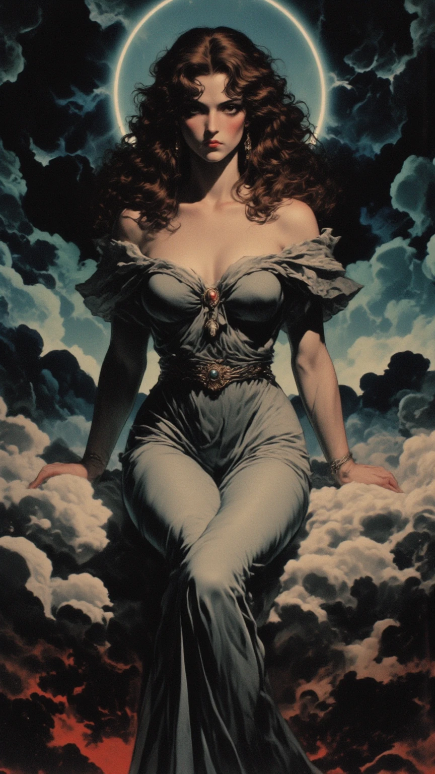 surrealism, A sexy goddess woman, sitting comfortably on a cloud, with a beautiful view, tmari, sketch, traditional media, pen drawing, white background (art inspired by Bill Sienkiewicz). oil painting)