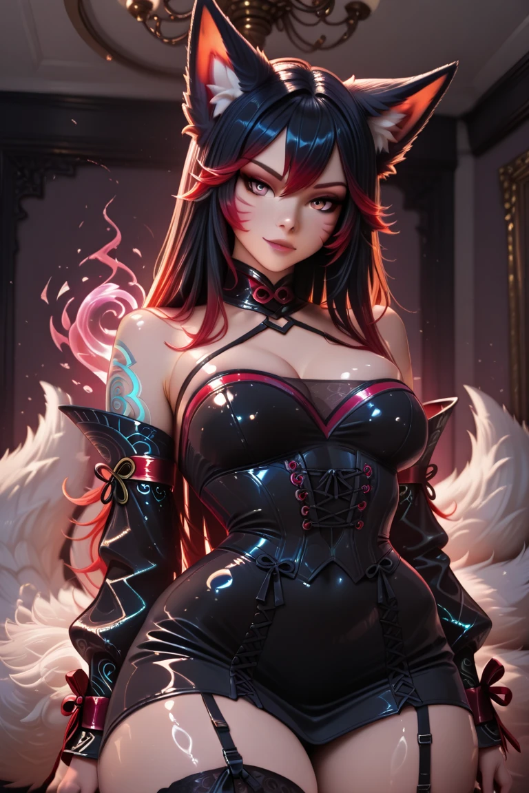 ((Cute pose)), ((kneel down on bed)) ((Sexy, tall beautiful pet catgirll)) ((cat ears, cat tail, cat furr, cat paws, cat feet, cat claws)) ((Big bright yellow cat eyes)) ((dark eyeshadows make up)) ((bright red lipstick)), ((long straight black hair, twin tail hair with bangs covering one eye)) ((big breasts:1.8)) ((slender body:1.3)) ((wear black lace thong lingerie)) ((black lace stocking, long black lace gloves, gsrterbelt)) ((choker)) ((inside bedroom, with many pillows around))((high definition:1.5), ((low intencity lights)) ((masterpiece:1.5))((8k:1.5)) ((Best quality:1.4))
