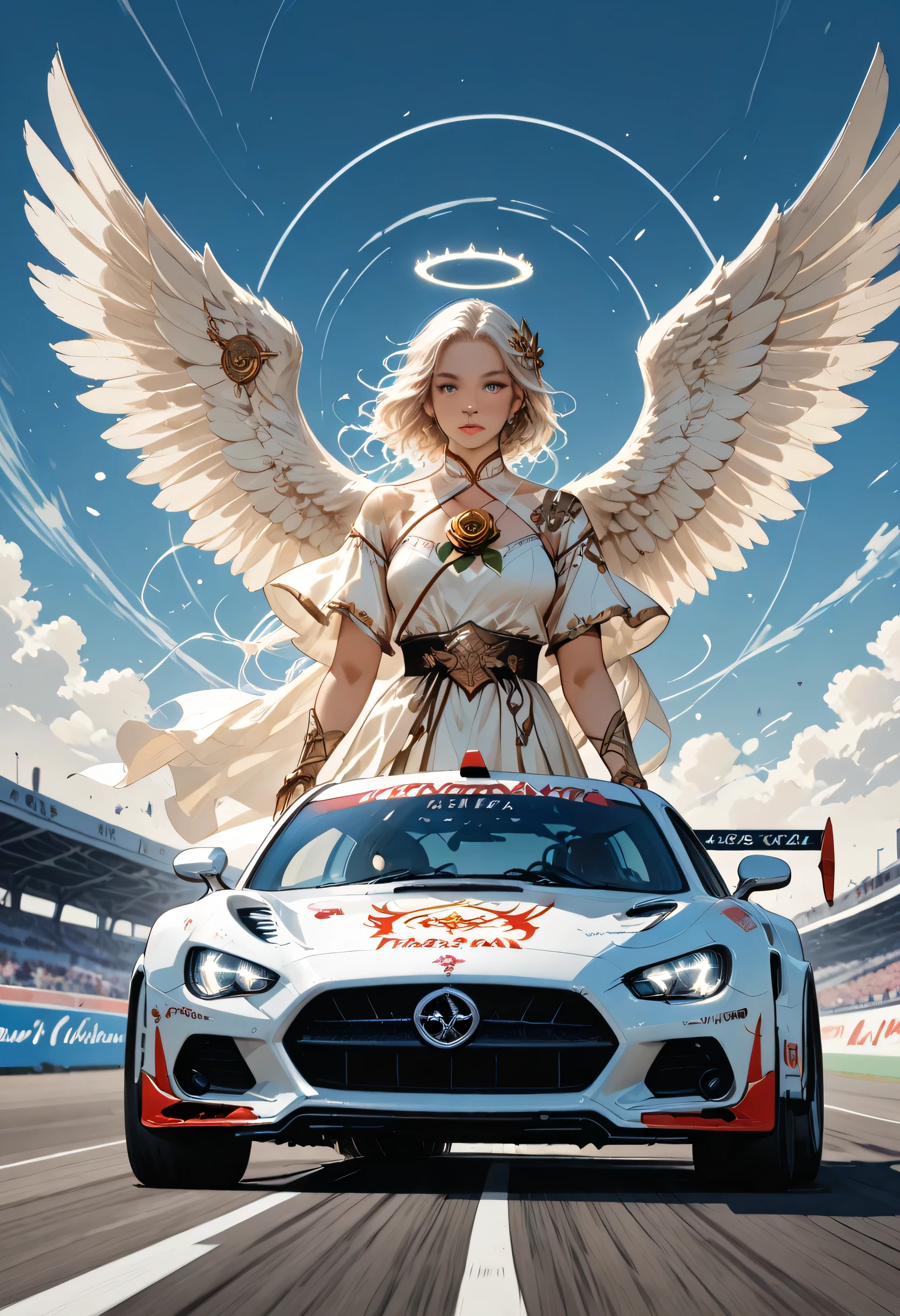 there is a white racing car on a race track, the car has white angel wings, roses along the track, the sun is setting behind the car,  zavy-ctcmcs, w1n