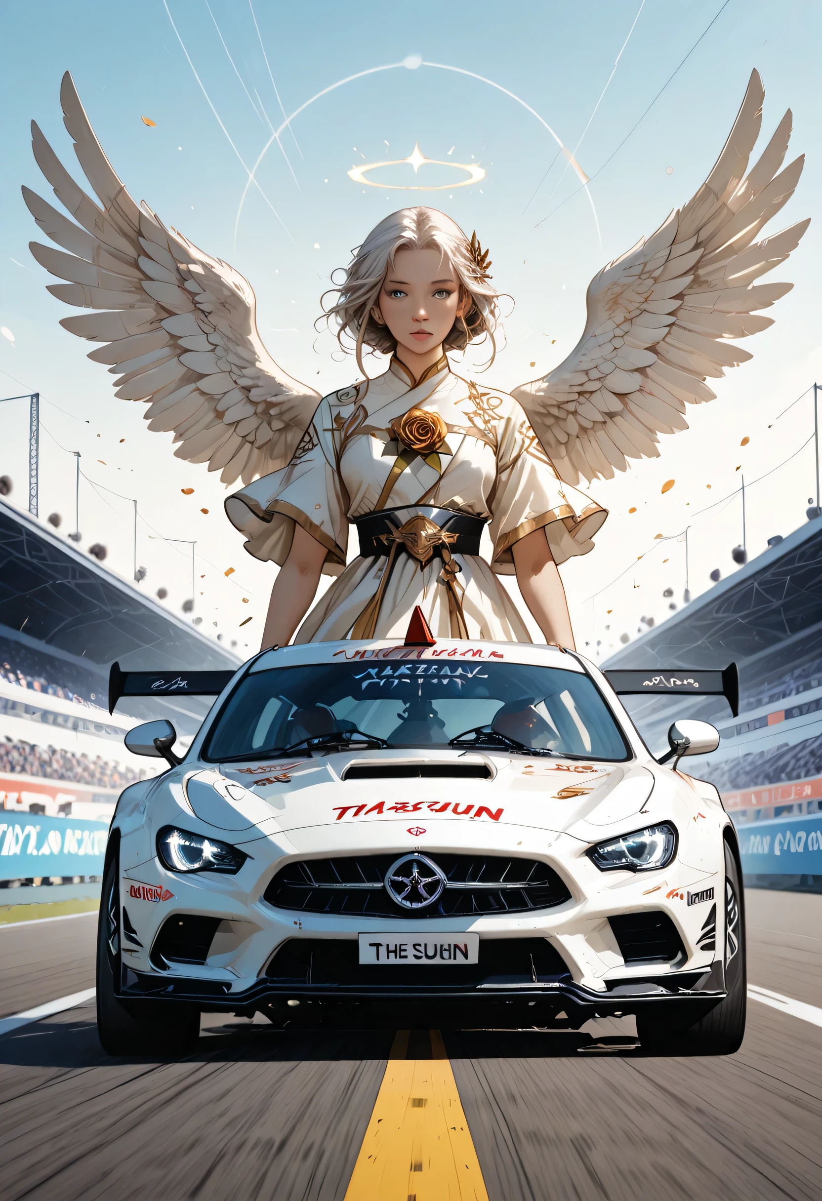 there is a white racing car on a race track, the car has white angel wings, roses along the track, the sun is setting behind the car,  zavy-ctcmcs, w1n