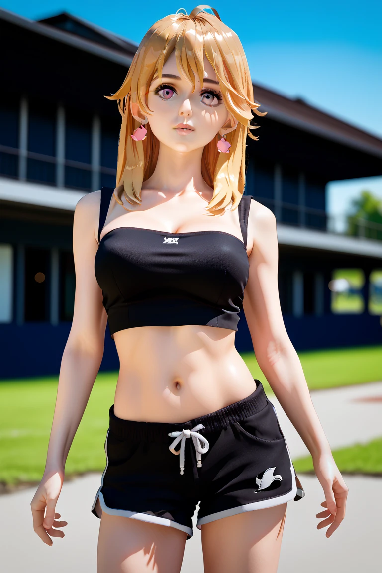 creates a 25-year-old anime girl with tight black leather pants and a red tank top, blonde hair with blue eyes in a farm landscape