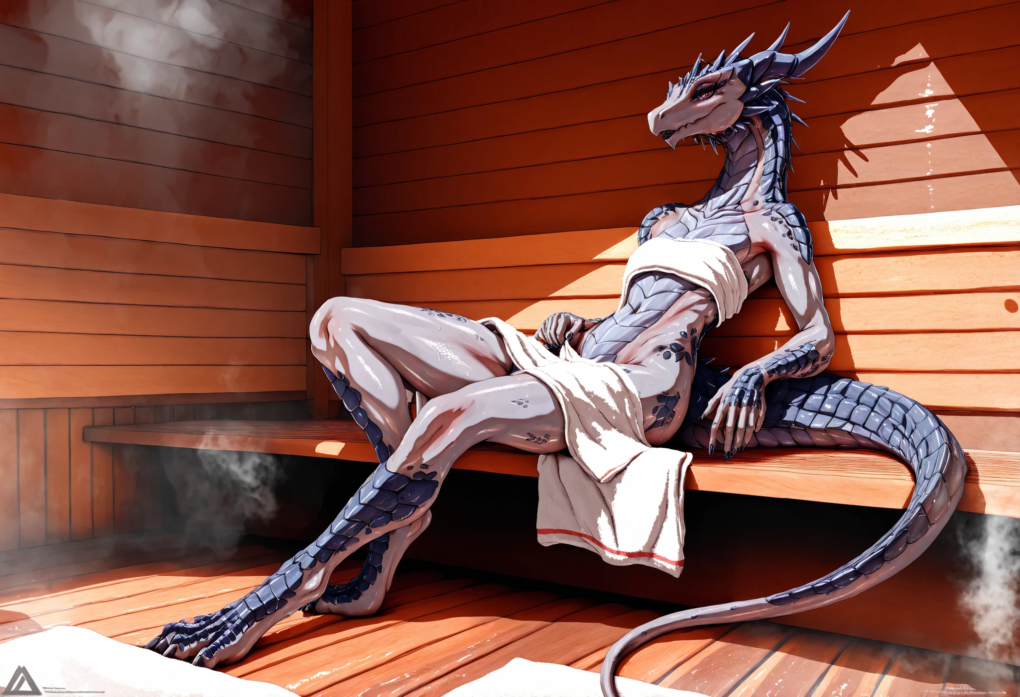 Masterpiece, realistic, best quality, primitive image, high detailed scales, full body, art by delta.dynamics, (by delta.dynamics:1), general plan, (an anthro dragon), Female lizard, (grey scales, grey skin, slim chest, fitness body), makeup, sauna, character relaxing in a sauna, sauna towel, steam, russian wood sauna interuior