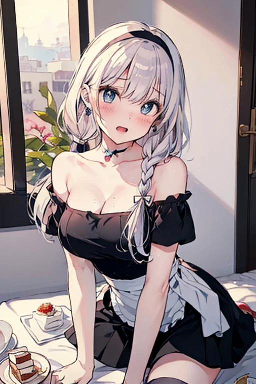 ((4K, ​master piece, Best Quality)), 1girl in, Medium White Hair, Beautiful sky blue eyes, Pony tail, cute roomwear, in room, at noon,  Cute, blush, medium breasts⁩