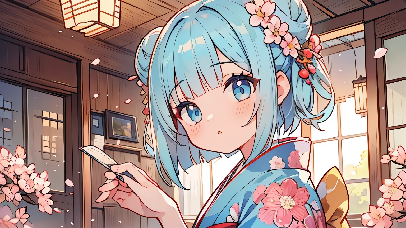 1 girl, finest, masterpiece, light blue hair, bob cut, ((2 buns on the side)), light blue eyes, delicate eyes, wearing cherry blossom pattern kimono, cute, pop