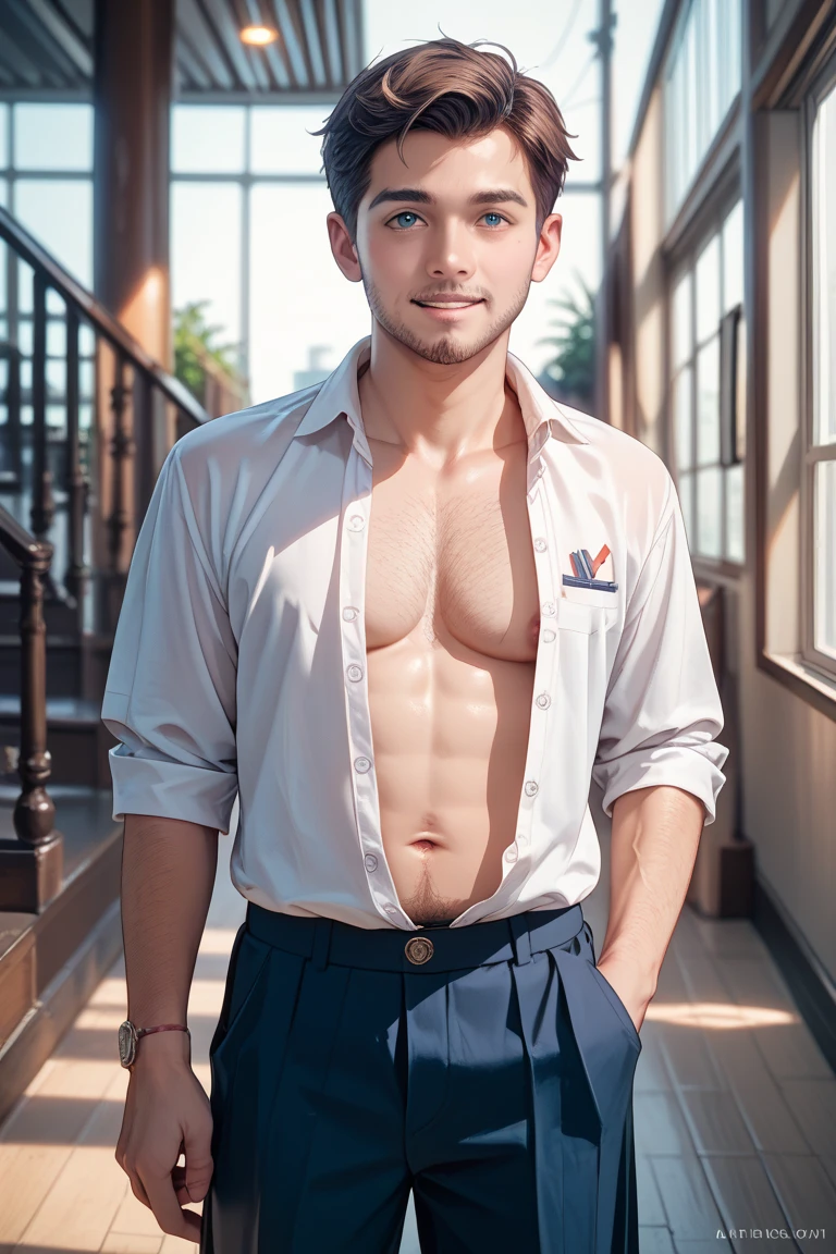 very super cute boy,lean body, 19 ages , wearing a uniform, necklace, at home olds,cool