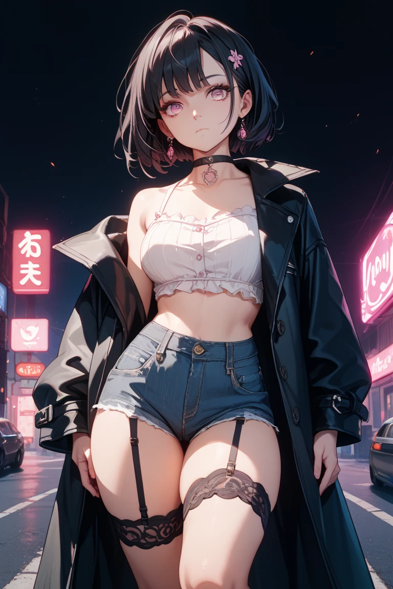 masterpiece, highest quality, pretty girl, , Scrunchie hair ornament, Twin tails,denim pencil mini skirt, pantyhose, Leg belt, necklace, skinny , Pink and black bra,((showing off lace panties)),Pistol,Hold a pistol,Assassin