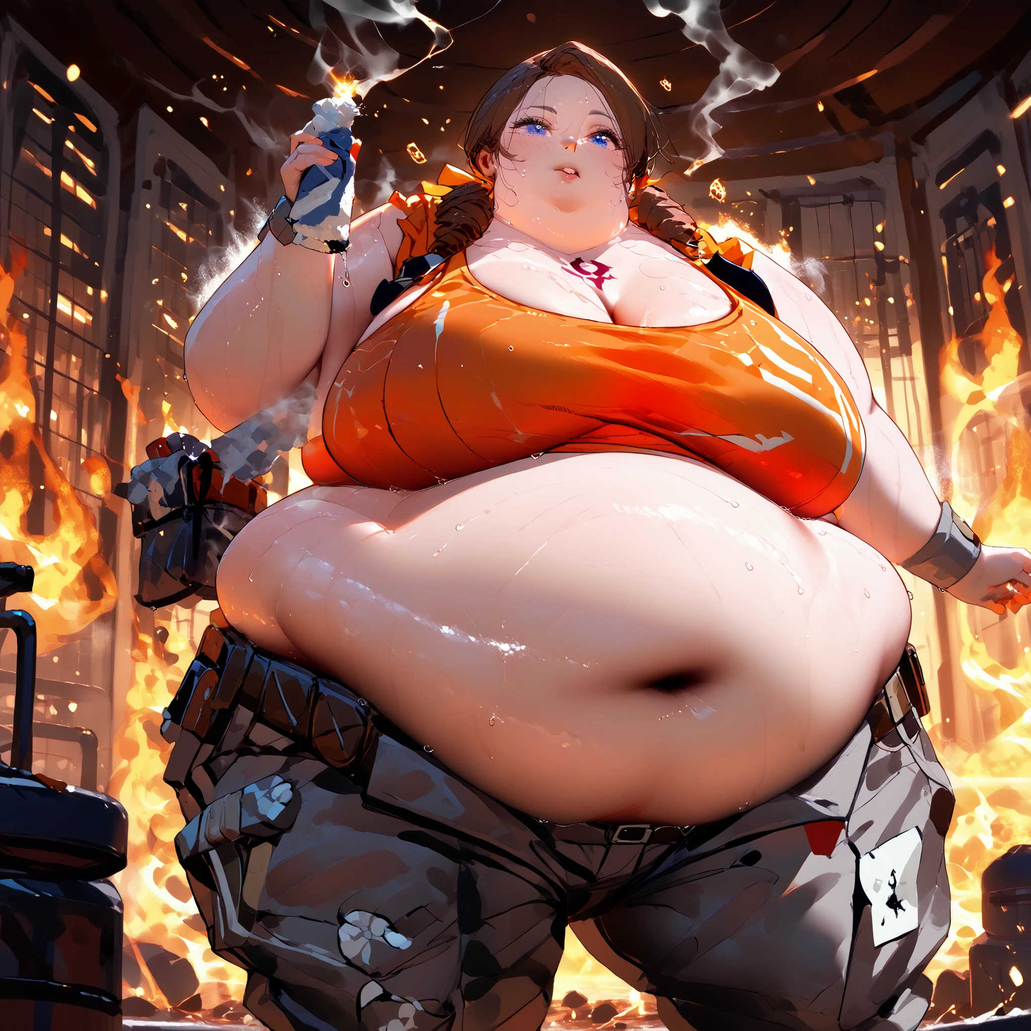 score_9,score_8_up,score_7_up,score_6_up,score_5_up,score_4_up, Elliexl,short brown hair,blue eyes,chest tattoo, plump, cleavage, one belly bbw girl,  wearing an (undersized orange sports bra top) and (large baggy cargo workpants), (wet skin, swety skin and hair) (toolbelt with large pipewrench and drill gun) , (wiping the weat fromt her forehead with her wrist), big girl, in a (hot and molten factory room background) (soot and smoke, fire particles) (hot and sweaty:1.3),