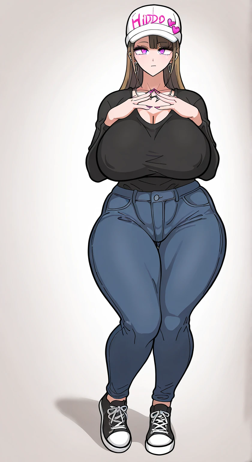 an adult woman, He has a robust and curvy build. Her hips and bust are pronounced, which gives you an hourglass figure, some wrinkles on the face, short brown hair, yellow eyes, big breasts, wide hips,, thick thighs, low height, a wide beige sweater, pants denim pants, full body view, White background