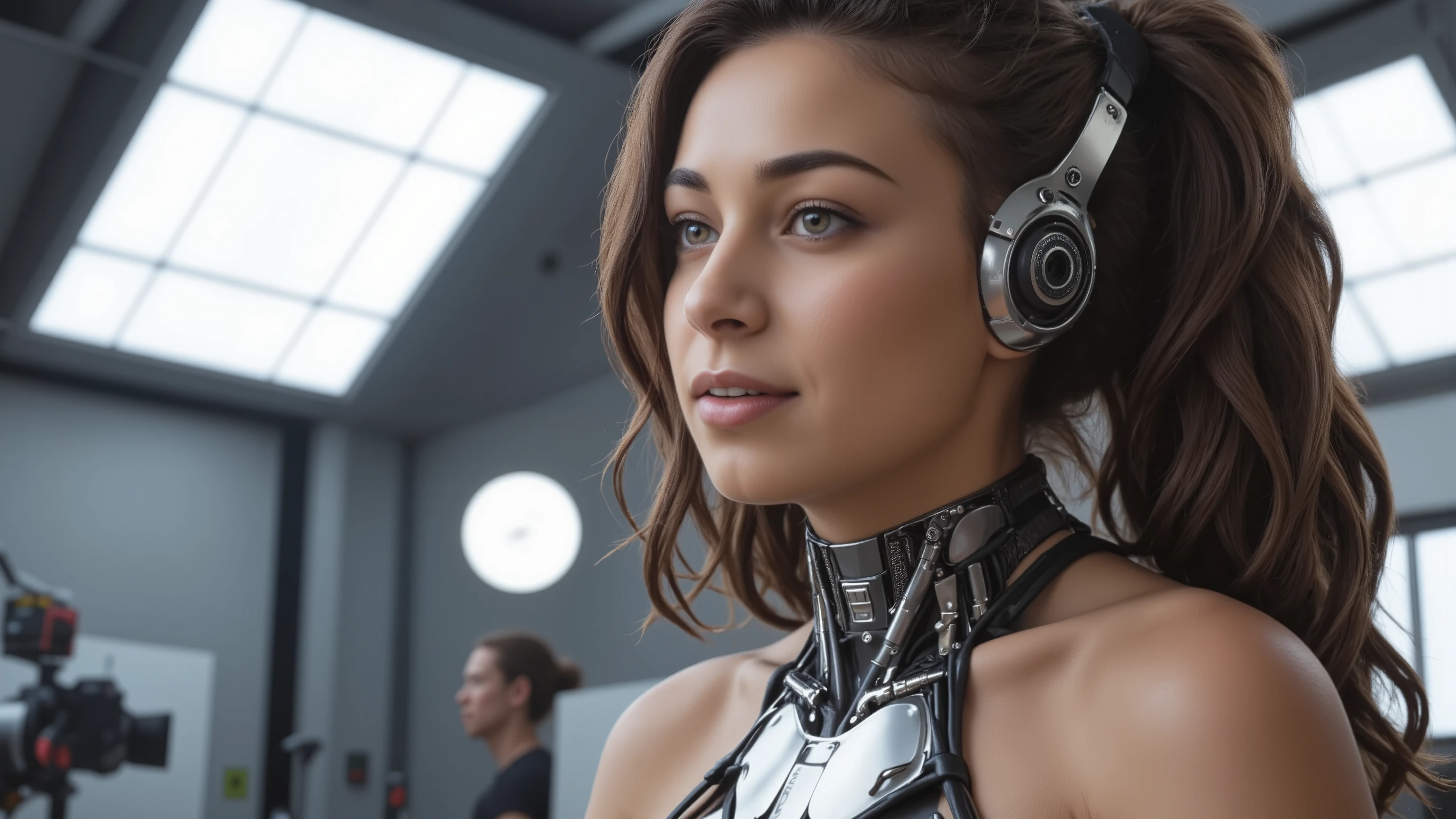 full body photo, young woman, chest, porcelain face, cyborg, robotic parts, 150 mm, beautiful studio soft light, rim light, vibrant details, cyberpunk, hyperrealistic, anatomical, facial muscles, cable electric wires, microchip, H. R. Giger style, extremely detailed, amazing, finely details, ray tracing, UHD, HDR, 16k, photorealistic, masterpiece, award winning