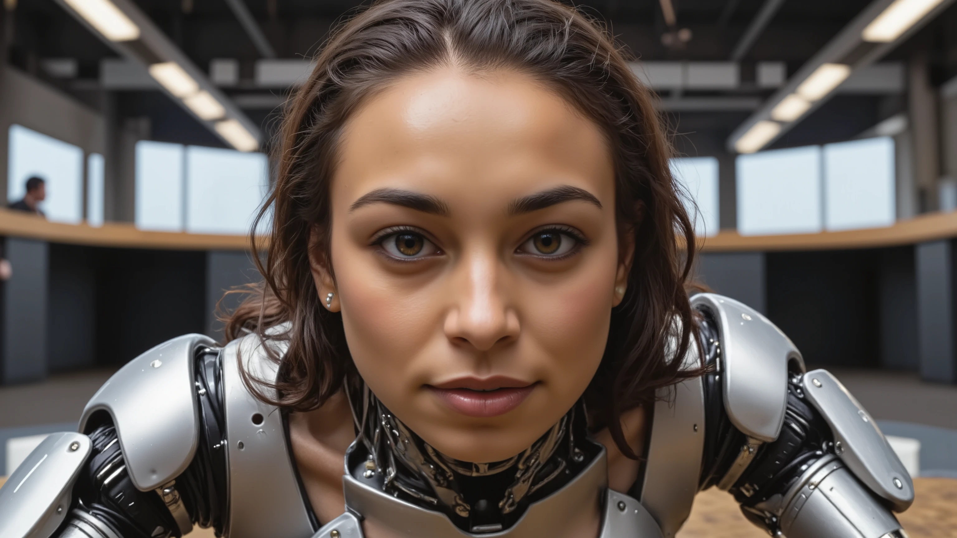 full body photo, young woman, chest, porcelain face, cyborg, robotic parts, 150 mm, beautiful studio soft light, rim light, vibrant details, cyberpunk, hyperrealistic, anatomical, facial muscles, cable electric wires, microchip, H. R. Giger style, extremely detailed, amazing, finely details, ray tracing, UHD, HDR, 16k, photorealistic, masterpiece, award winning