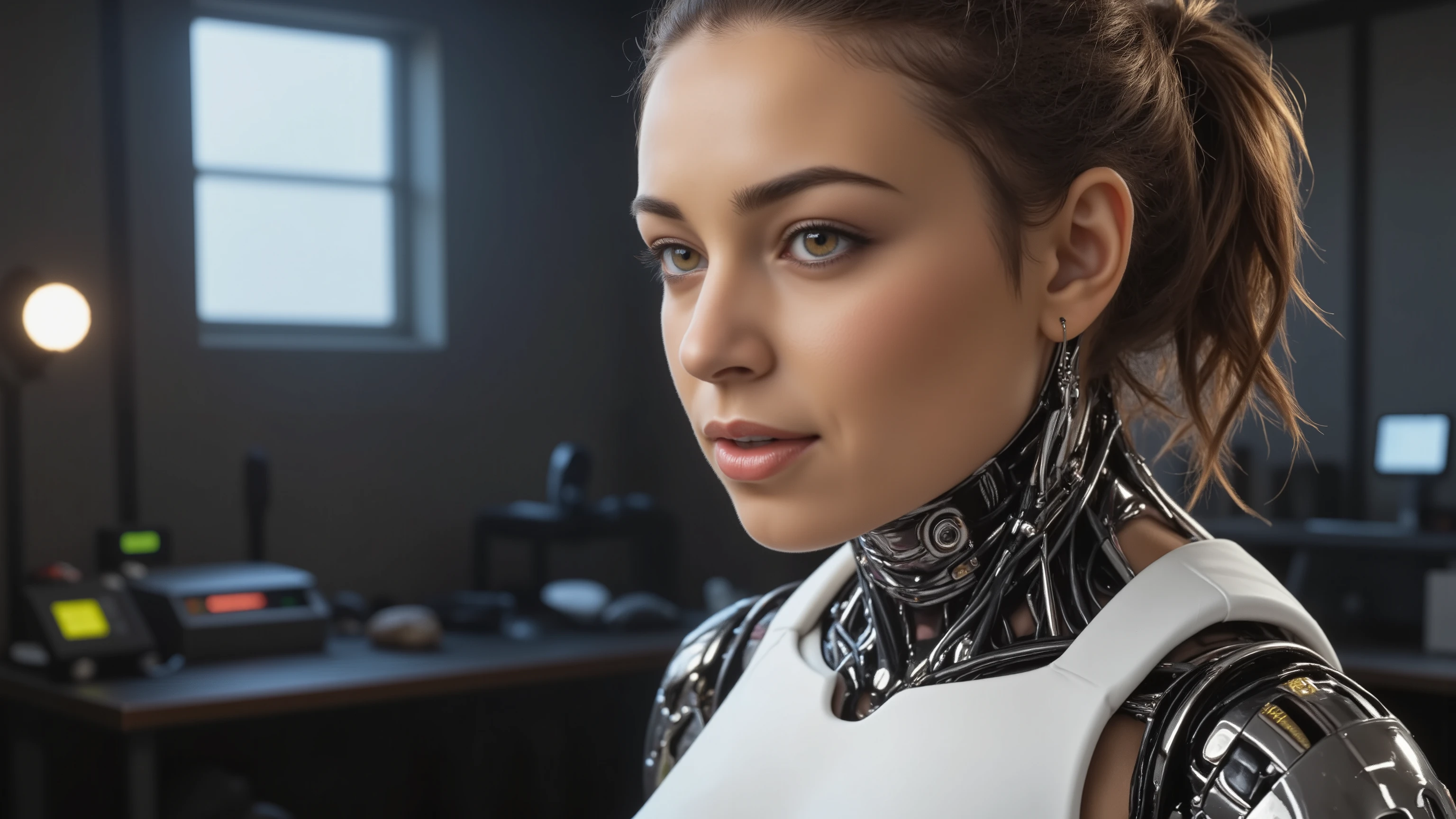 full body photo, young woman, chest, porcelain face, cyborg, robotic parts, 150 mm, beautiful studio soft light, rim light, vibrant details, cyberpunk, hyperrealistic, anatomical, facial muscles, cable electric wires, microchip, H. R. Giger style, extremely detailed, amazing, finely details, ray tracing, UHD, HDR, 16k, photorealistic, masterpiece, award winning