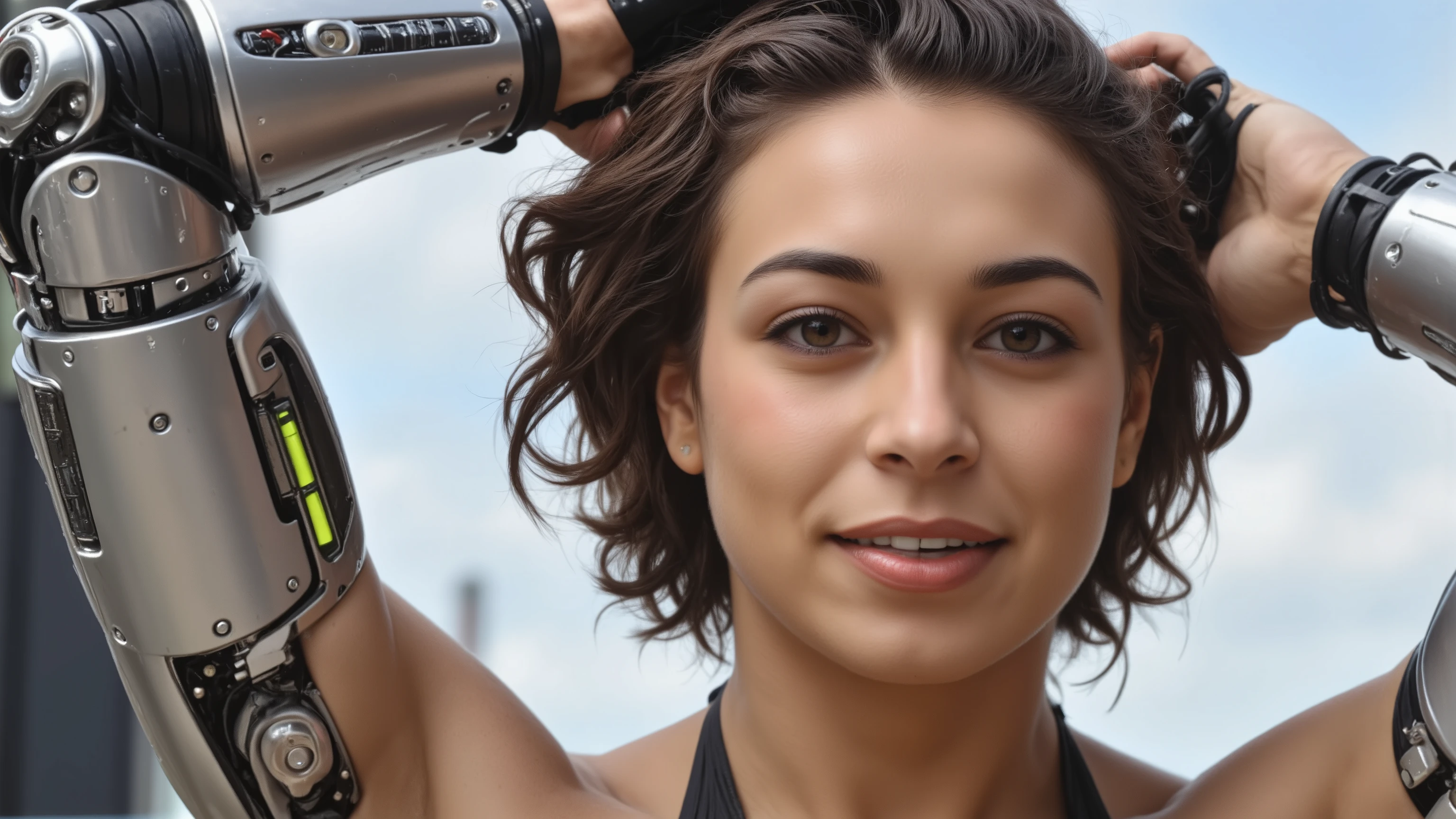 full body photo, young woman, chest, porcelain face, cyborg, robotic parts, 150 mm, beautiful studio soft light, rim light, vibrant details, cyberpunk, hyperrealistic, anatomical, facial muscles, cable electric wires, microchip, H. R. Giger style, extremely detailed, amazing, finely details, ray tracing, UHD, HDR, 16k, photorealistic, masterpiece, award winning