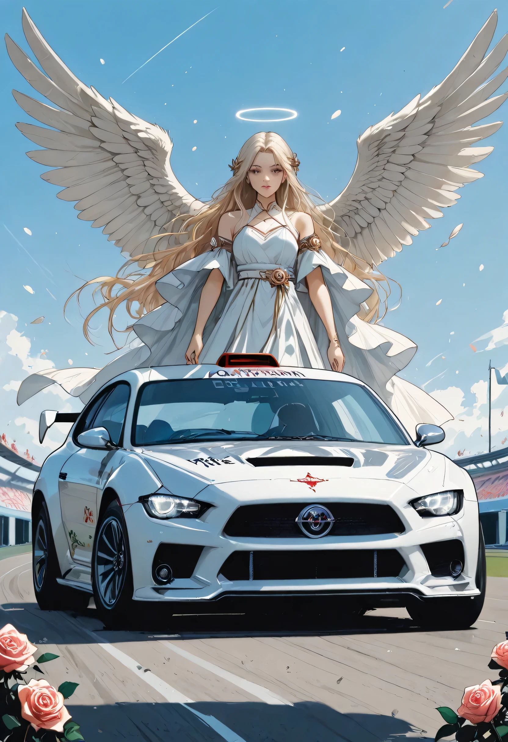 there is a white racing car on a race track, the car has white angel wings, roses along the track, the sun is setting behind the car,  zavy-ctcmcs, w1n