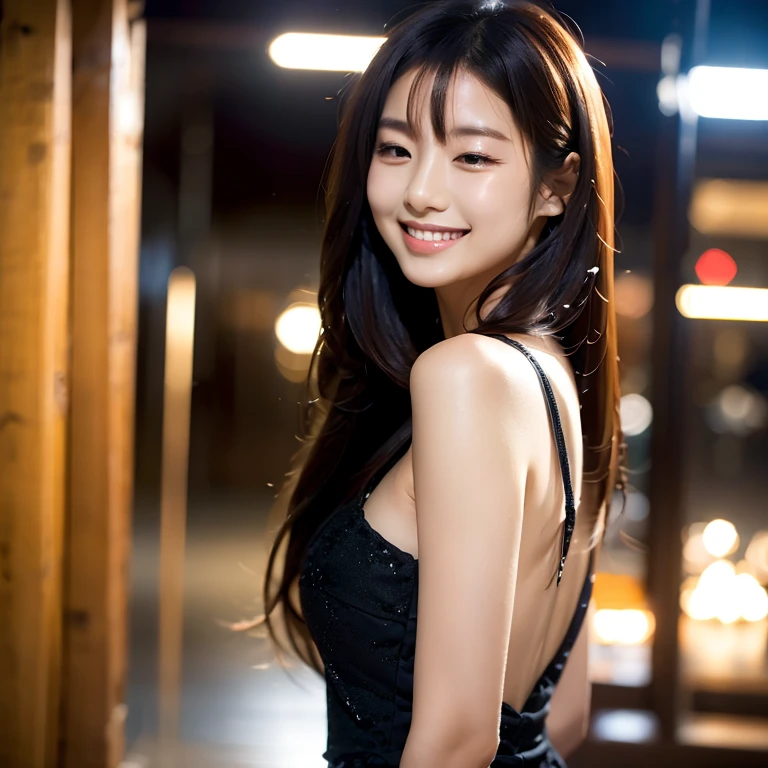 (Super beautiful woman)、((highest quality、8K masterpiece:1.3))、sharp focus:1.2、(super beautiful face:1.0)、(shiny skin:1.0)、realistic pictures、black hair、video lighting、High resolution eyes and face、video lighting、japanese actress、from the front、with a happy smile、whole body、Brush your hair up with your fingers.