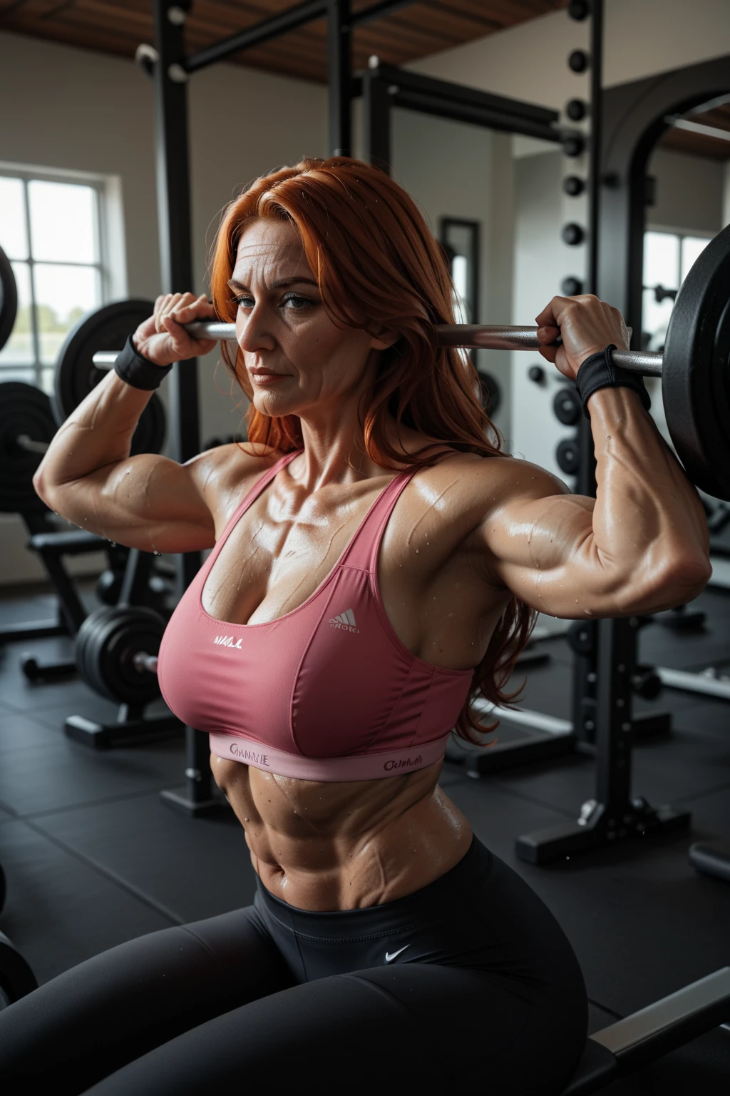 (Muscular:2), (thick muscular thighs, wide hips:2.1), (one ginger female, red hair:1.5), (arm band:1.6), ponytail, adult, eyeshadow, lipstick, bokeh, (freckles:0.9), (upper body view), (striations), (hard nipples:1.3), small breasts, (perky breasts:1.4), (colorful gym attire, tight booty shorts, cleavage:1.5), (sculped muscles:1.7), detailed eyes, active pose, (athletic body:1.5), (muscular body:2), (looking at viewer), (seductive smile:1.4), dark bedroom, (dawn lighting), rim lighting, two tone lighting, dimly lit, clean skin, low key (DETAILED SKIN), (one girl, solo:1.8)