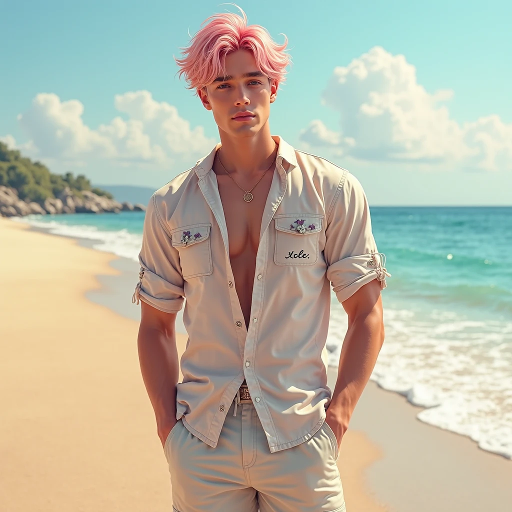 male model lavender ocean sparkling glittery soft pink and gold sky light dreamy fantasy