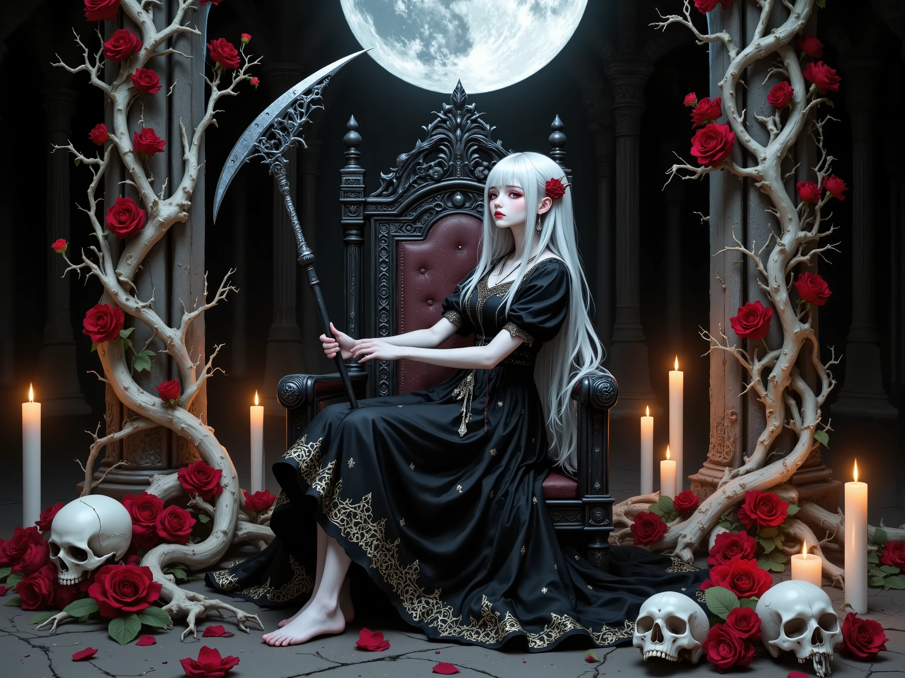a pale gothic queen sitting barefoot on a black ornate throne, holding a massive silver ritual scythe, surrounded by red roses and twisted human skulls, elegant black and red royal dress with golden embroidery, long silver hair, emotionless expression, full moon glowing behind a cathedral window, skeletal vines growing from the ground and wrapping around the throne, candlelit gothic architecture, dark fantasy horror atmosphere, surreal details, bones blooming like flowers, crimson petals scattered on the floor, throne room filled with silent death
art style: baroque gothic, horror romanticism, high detail, intricate bone and rose design, chiaroscuro lighting, Caravaggio-inspired contrast, soft glows and sharp silhouettes
BREAK, ray tracing, UHD, retina, masterpiece, accurate, anatomically correct, very aesthetic, high resolution, ultra-detailed, absurdres, detailed textures, digital painting, ultra-detailed, newest, textured skin, super detail, high details, high quality, best quality, highres, 1080P, HD, 16k