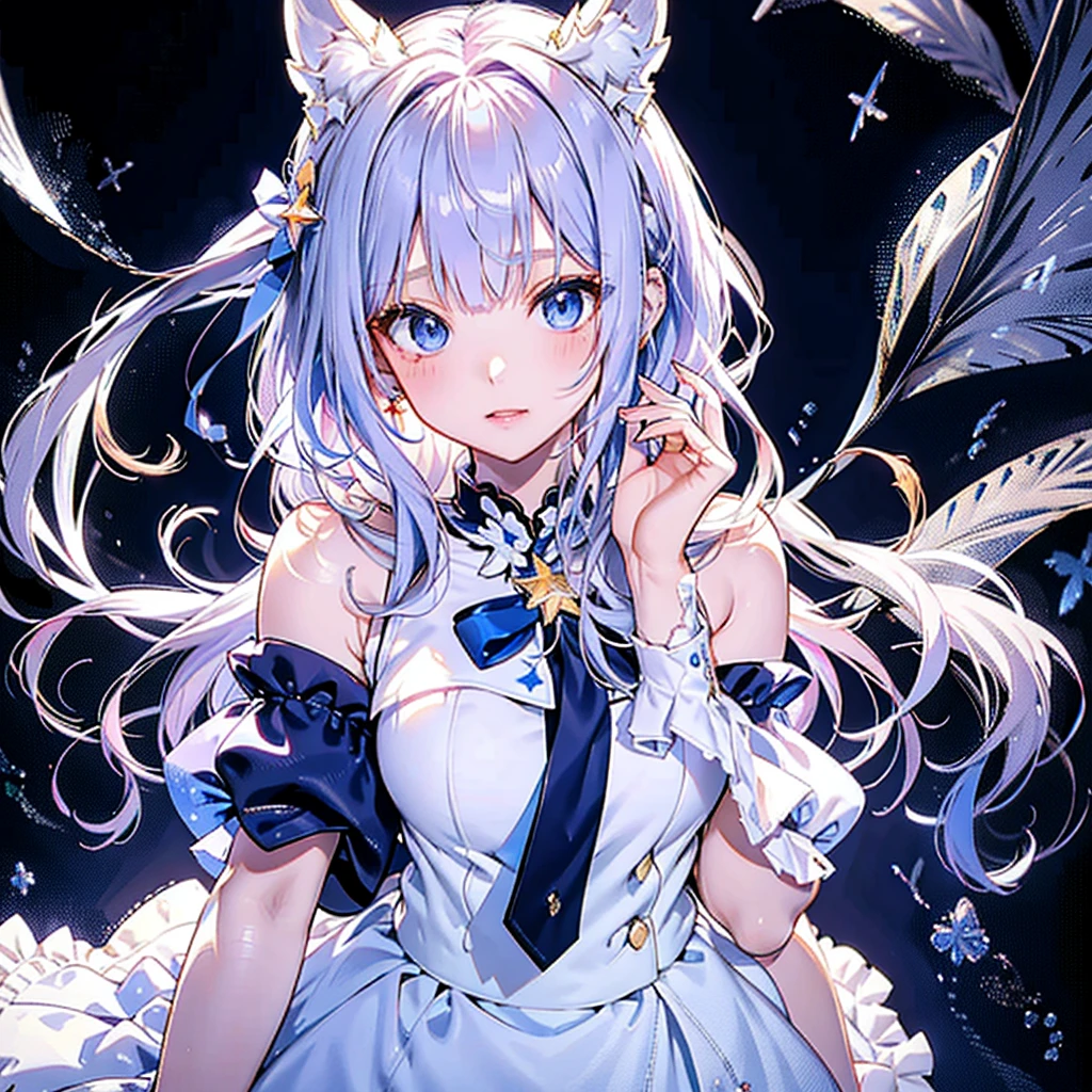 1girl, bangs, bare shoulders, breasts, choker, cleavage,hair ornament,((coral hair ornament)), gradient hair, pink hair, blue hair,long hair, looking at viewer, large breasts, smile, solo, very long hair,blue eyes,(very detailed eyes),(highest qulity:1.3),(portrait),close-up, sleeveless, dark, starry night,stars, shades,(poor lighting), glowing eyes,(hair bow)