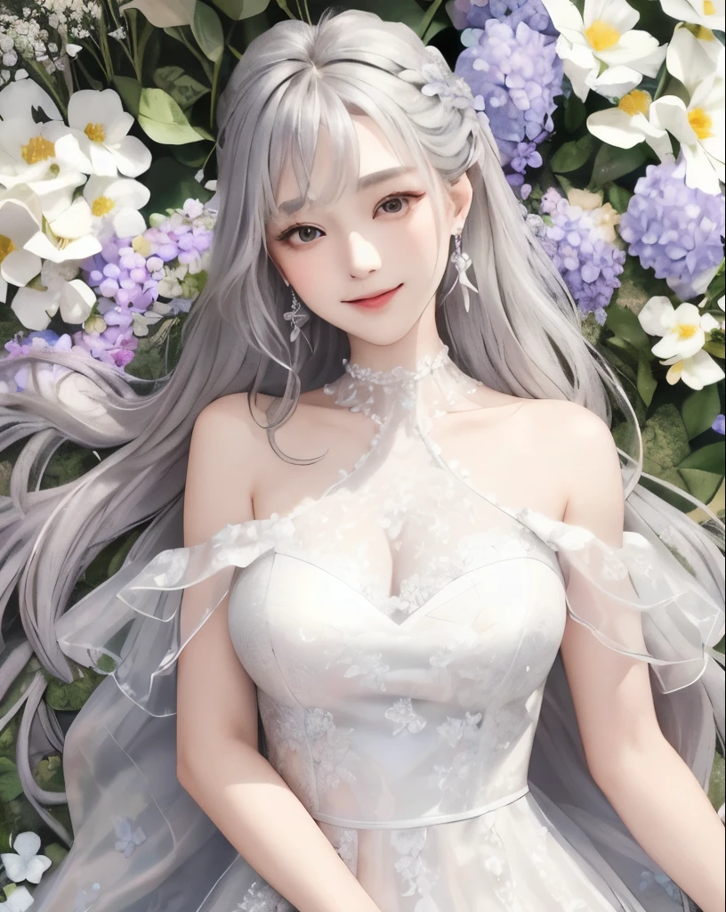 (a very delicate and beautiful）、femele、The human、（独奏）、skinny  body、The long-haired、White hair、de pele branca、Big golden eyes、White Prom Dresses、a smile、gentle、Front angle from chest up、Glitter background、angel image、（facing front、（Feels like a prank）、