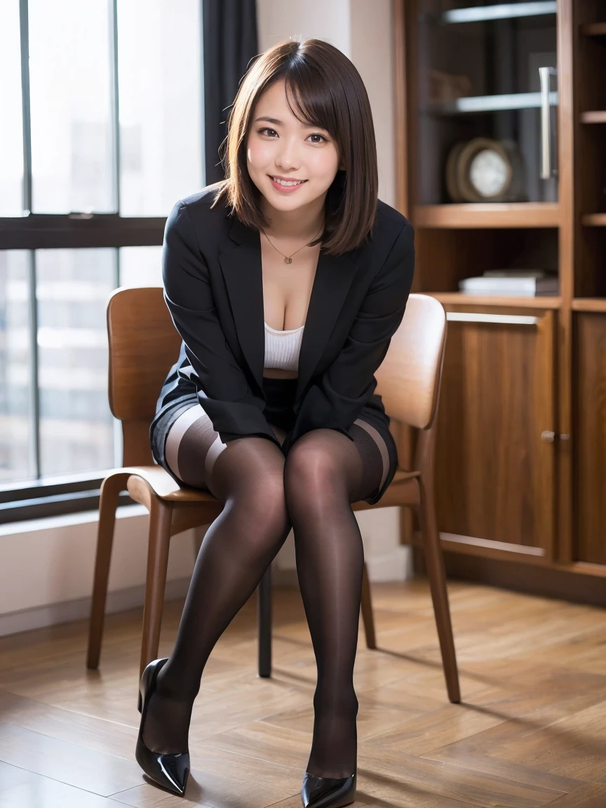 ((1 woman,Japan&#39;s most beautiful face,40 years,old face,mature woman,There are wrinkles at the corners of the eyes,garden,Taken close up,looking at camera,See here)),((((black shirt,black suit jacket,black skirt)))),((pearl necklace,elegant hairstyle,natural makeup,my chest is very swollen,Please laugh here,lowered eyebrows,droopy eyebrows,Stare at me with a cute expression,wearing black high heels,looking at camera,look at the camera,take a photo from your lap)),((Please turn this way,See here,perfect fingers,perfect arms,detailed background,highest quality,Ultra - High resolution,perfect anatomy,High-definition RAW color photo,professional photos, very delicate and beautiful, very detailed,finely, huge file size,best image quality,8K,Award-winning work,muste piece)),(((black pantyhose:1.3,Her pantyhose is transparent and her thighs are visible..........))),(remote Play:1.5), remote_It&#39;s vibrating,