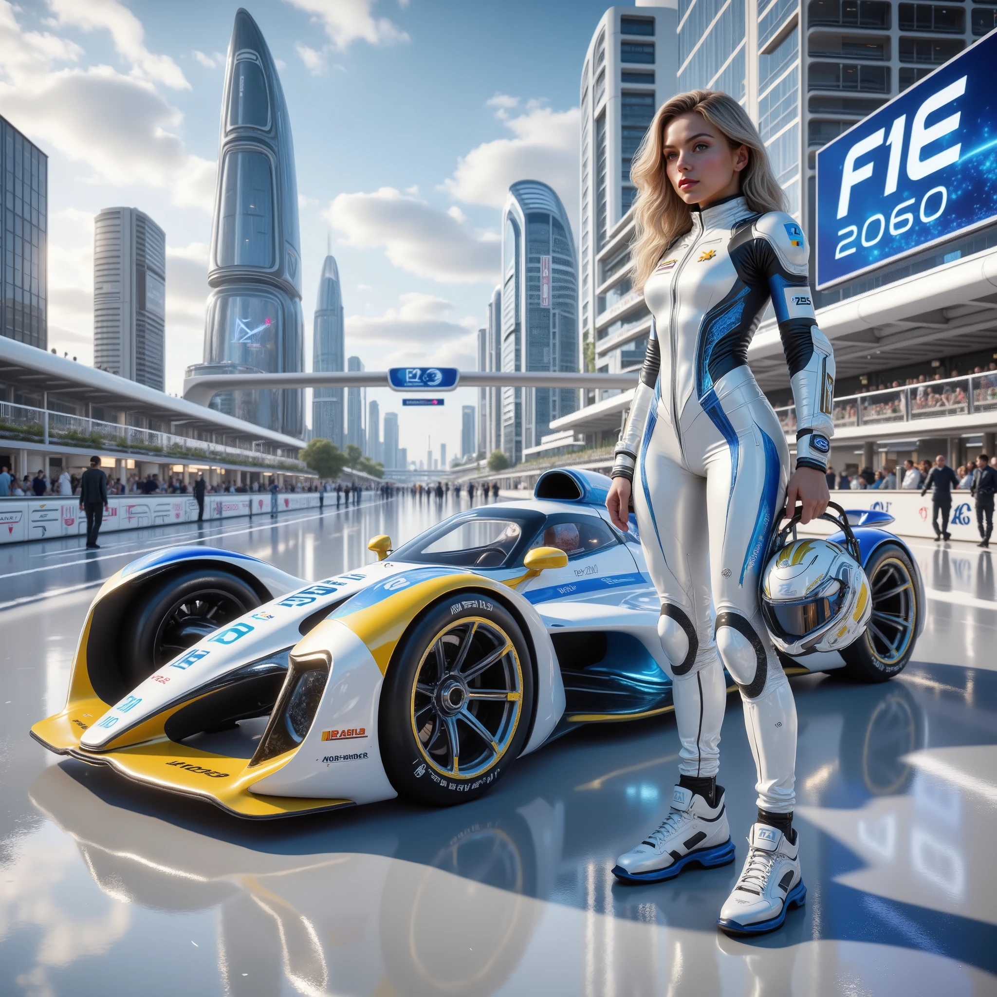 Futuristic F1 racing car, white, yellow and blue shiny body, futuristic appearance, a female racer in a futuristic white and blue tight racing suit is leaning on the side of the car body, she is about 20 years old, long-haired blonde, she is smiling and holding a futuristic white and blue racing helmet in her other hand, bright day, bright cheerful atmosphere, futuristic high-tech city of the future, in the background on the screen you can see a large inscription "F1 2060", other racers are visible in the distance in the background.