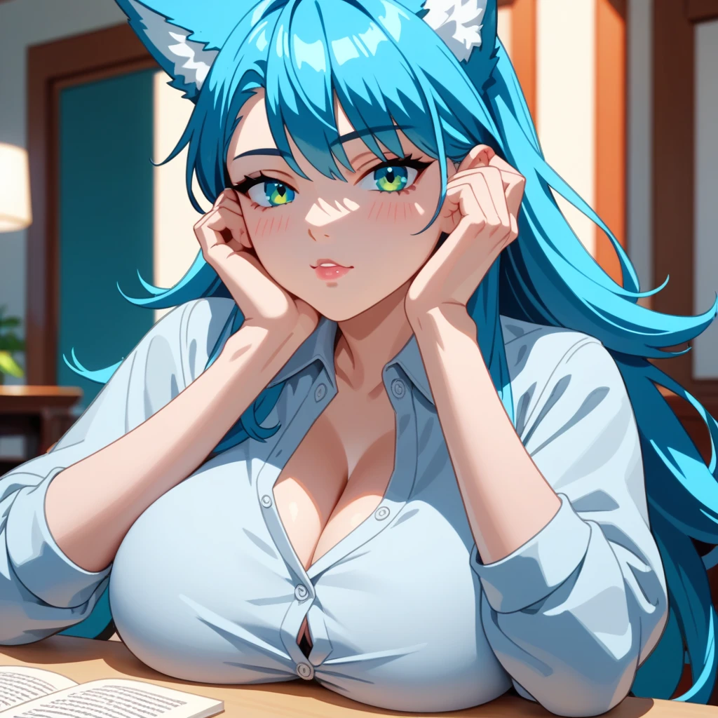 (masterpiece, best quality), (1girl, solo, blue hair, cat ears, alluring, seductive), (anime, anime style, manga, anime character, big eyes, stylized, cute, charming) (living room, living space, interior design, furniture, decor), (loungewear, comfortable clothes, t-shirt, shorts, leggings, sweatpants, slippers, cozy vibe, relaxed, homey atmosphere), (relaxed pose, sitting, reading, watching TV, resting, at ease).
