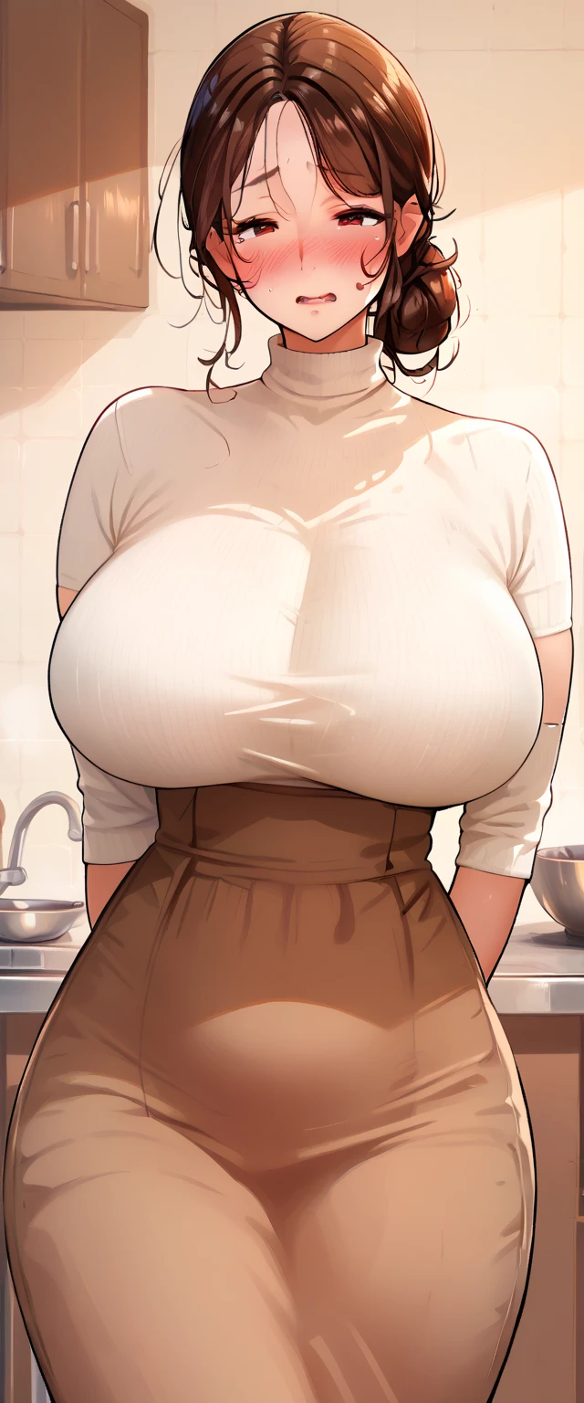 masterpiece:1.5, best quality:1.5, aesthetic, 1girl, sidelocks, cinematic lighting, sharp focus,large  , mature , horny ,16k, gg eyes, detailed 4k eyes,
playground,seduction,sexy lips, parted s,detailed lips, high detailed background,((big purple eyes)), detailed face,shiny skin,
auntjunev3,auntjune,,hair bun, bangs, messy hair
, brown hair,( brown shirt:1.3),floral print apron, food, large breasts, brown eyes, female, blush, sligh ge,  medium breasts, wearingss, half naked, hased nipple, sweating very sweatinght cameltoe, see th, masterpiece, best quality, high detailed, desire, blush, perfect hands, blush, shy, tight gap, 