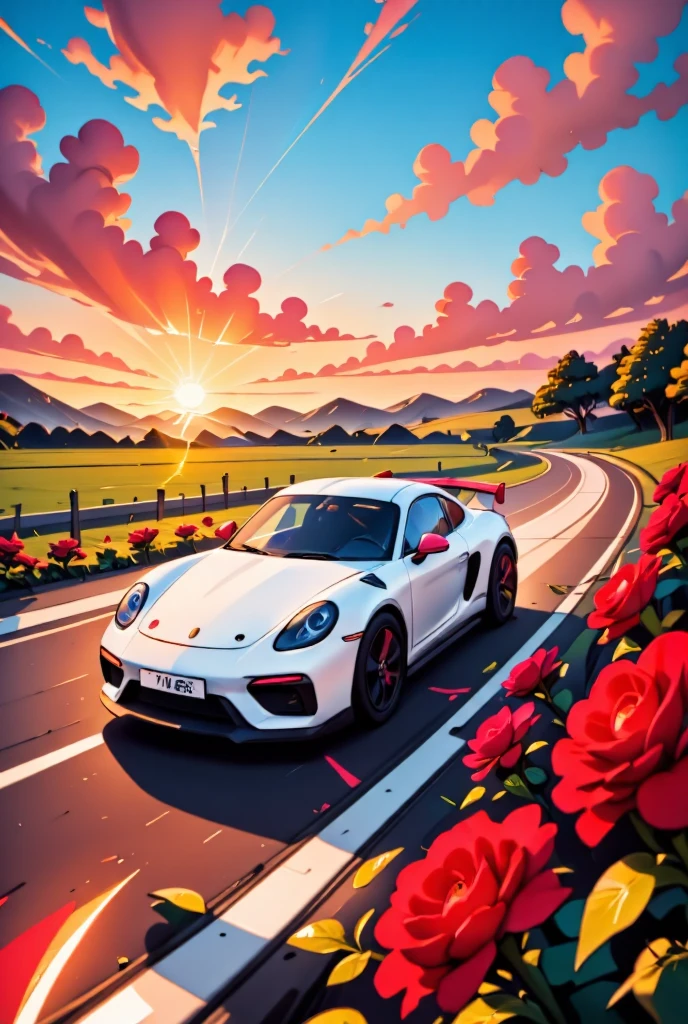 there is a white racing car on a race track, the car has white angel wings, roses along the track, the sun is setting behind the car,  zavy-ctcmcs, w1n