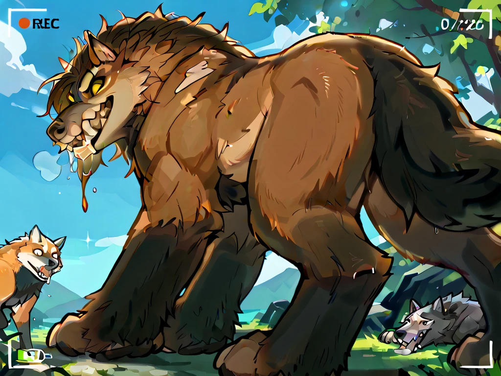 Four-legged wolf, feral, muscular, big fangs, walks on four legs, broad shoulders, big paws, large ginitalia, drool, black wool,  big wolf,  big mane , very fluffy, all-black wool, is looking at the camera,  light From behind , treacherous look , playful look, powerful paws