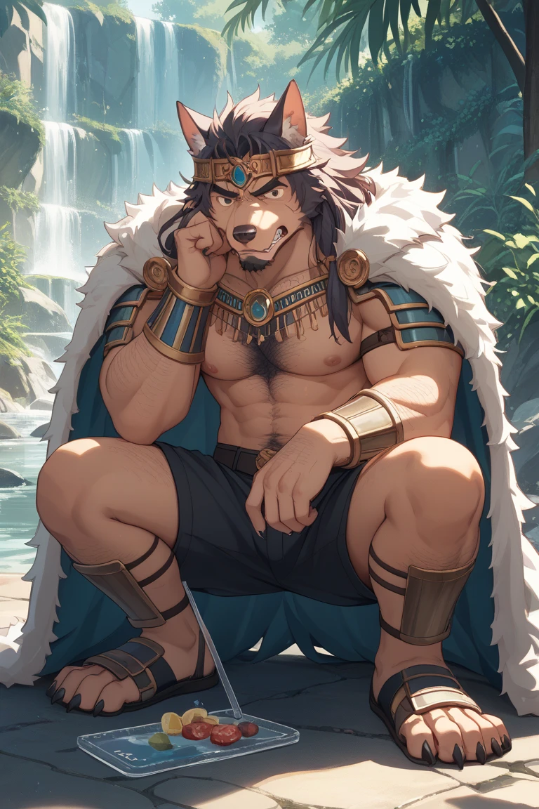 Seto (Tokyo After-School Summoners), Seto(Wandering Longing), Seth (it), Seto, Kazuma Koda, coyote, Green Eye, Grey Body, white body, Brown Body, stripes, stripes 몸체, wear a loincloth, youthful, High Quality, 8K, High image quality, NSFW, pixiv, shadowy, A composition where the whole body is visible, The right ratio, skiny, Sexy, Sexy Men, Muscular, Sexy muscles, slender fit body, elegant posed, sit on the tree