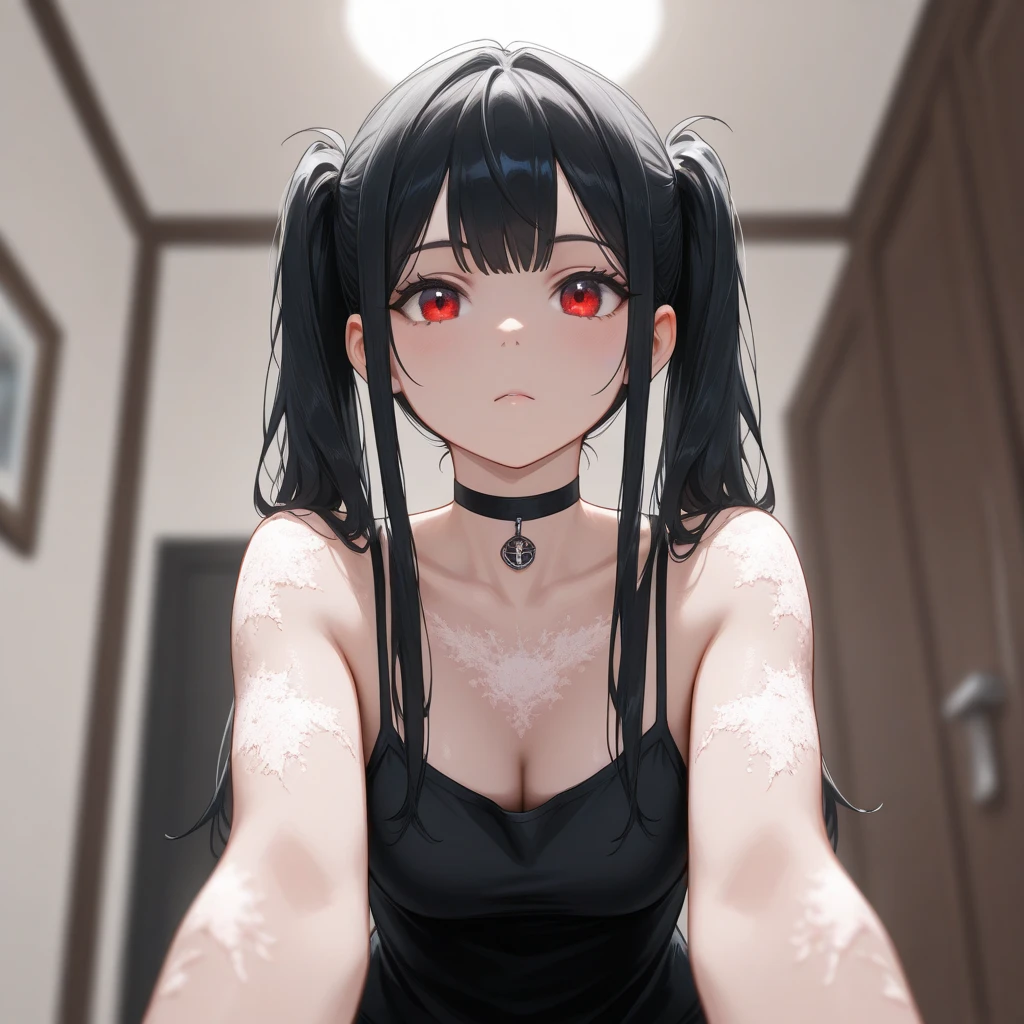 Jobria Ratatata, Heather Rose Tartare, through bangs, side locks, shairband, (red eyes:1.5), black hair color hair,
broken cleavage, exposed bare shoulders, scantily clad, 鎖骨, pantiess, underwear only, scantily clad,
BREAK indoors, Pretend to sleep,
Audience rest,
intermittently (tmasterpiece:1.2), Best quality at best, A high resolution, Unity8k wallpaper, (lamplight:0.8), (beautidful eyes:1.6), Extremely detailed face, perfect litthing, extremely detremely detailed CG, (Perfect hands, perfect anatomia),
