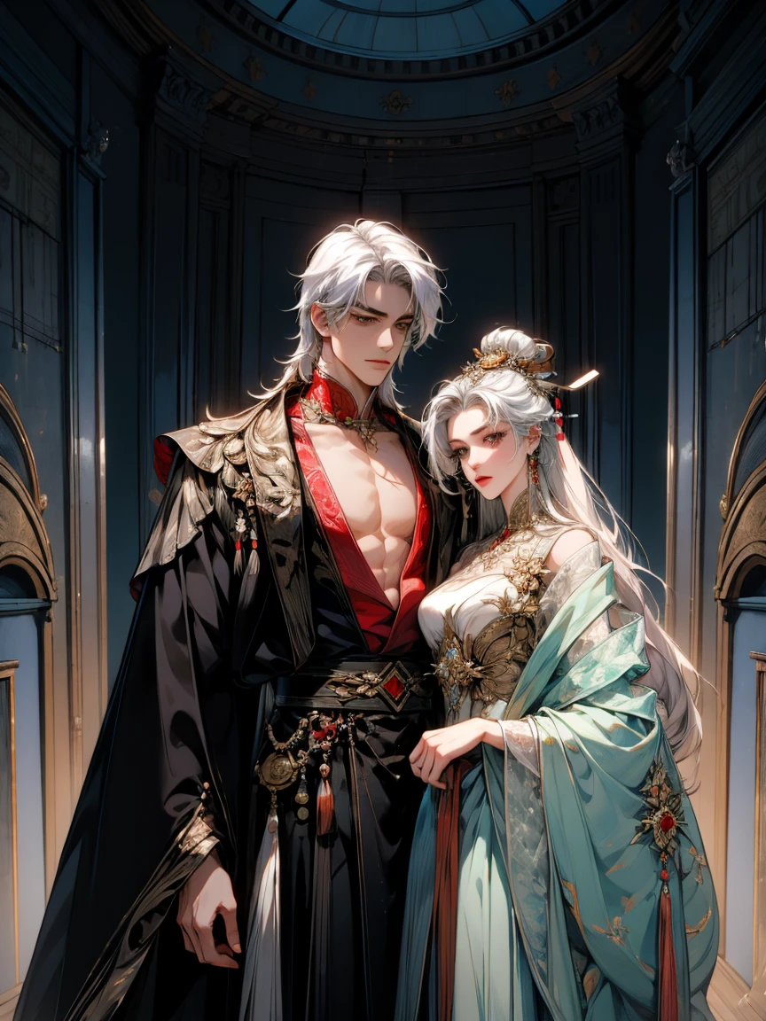 This ancient couple is under a peach tree, dressed in magnificent costumes from ancient times. The man was dressed in a cyan robe, with wide sleeves and a robe mopping the floor, his face was handsome, and his eyebrows were full of heroism. The woman was wearing a long violet-blue dress with a skirt fluttering gently in the wind, her long hair combed in a ringlet, and a white flower on her head. Her face is like a flower, and her eyes are gentle and bright.