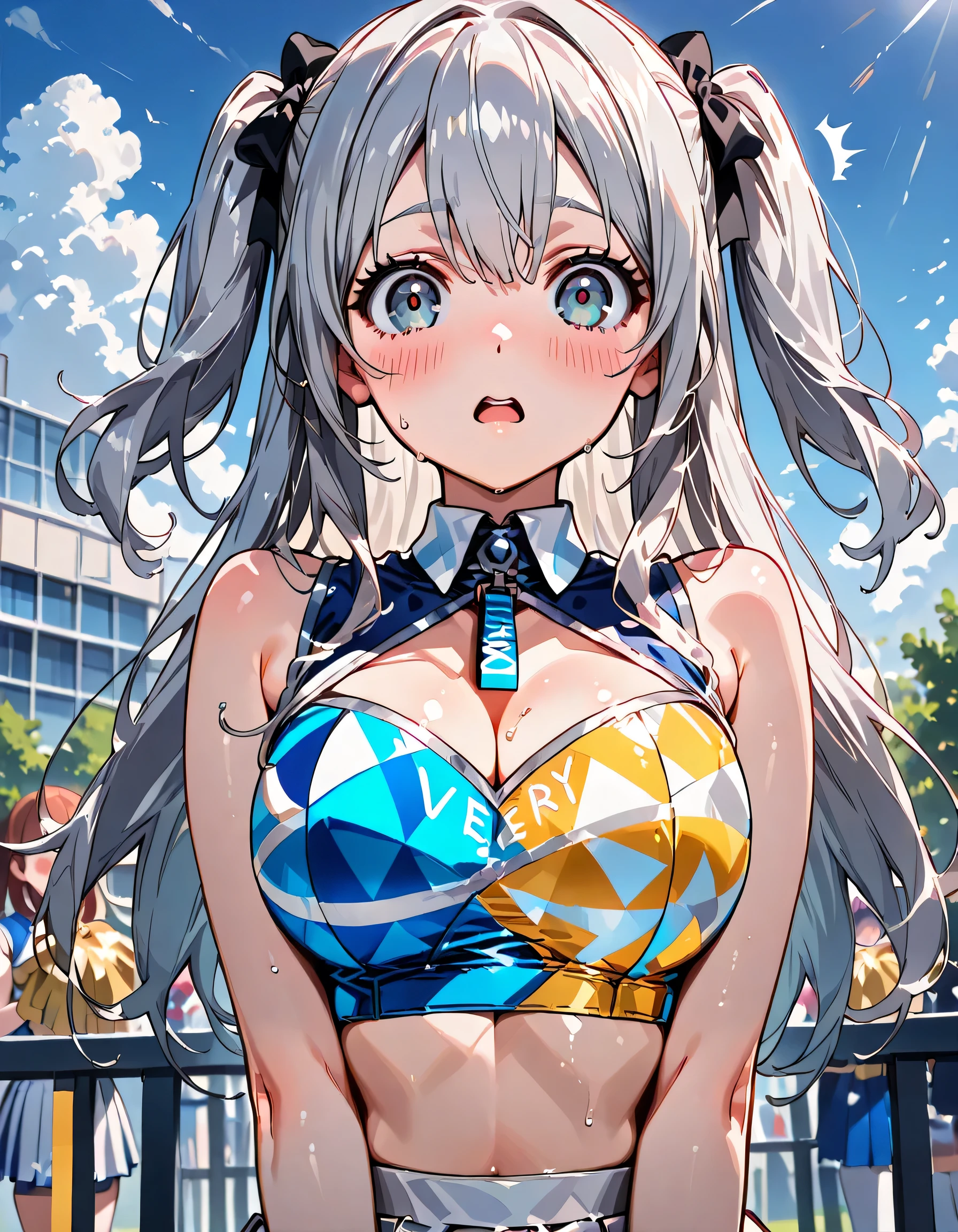 ((ultra-detailed)), (highly detailed CG illustration), (best quality:1.2), ultra-highly detailed, colorful composition, artistic photoshoot, 1girl, solo focus, ((upper body:1.4)), moe anime character, girl, dainty facial structure, (baby face), (round face), ((rounded chin:1.2)), ((silver hair)), long hair, two side up, blue eyes, ((blue and yellow Cheerleader outfit)), ((white pleated skirt:1.4)), ((surprised:1.6)), ((blush:1.4)), ((looking viewer)), ((wet:1.4)), ((Sweat:1.4)), ((Blue sky and clouds background)), from front, best quality, masterpiece, expecting, pink cheek, blush, light pink gloss slip, portrait, depth of field, soft lighting, sidelighting, (shine), lighting, caustics, ray tracing, perfect face, lustrous skin, highly detailed face, perfect face, perfect nose, perfect hair, perfect anatomy, beautiful hair, beautiful small face, extremely detailed face, beautiful clavicle, beautiful body, beautiful ample breasts, leavage, breasts squeezed together, equalize the size of the left and right breasts, beautiful fingers, 4 fingers, 1 thumb, lovely, (very detailed background:1.0), (highly detailed background:1.0), spring aesthetic, intricate details, joyful atmosphere, spring colors palette, chromatic aberration