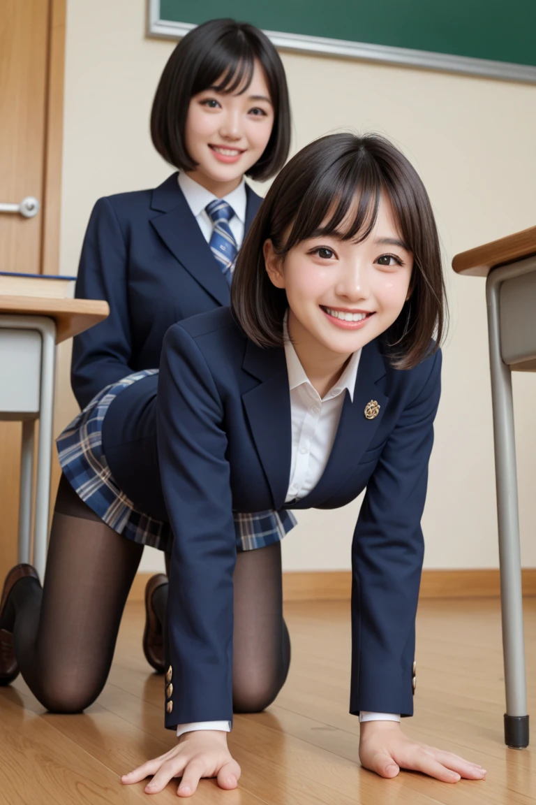 girls in school classroom,long-sleeved white swimsuit with pleated skirt,navy blue blazer,red tie,18-year-old,bangs,a little smiles,thighs,knees,crotch,low ponytail,from below