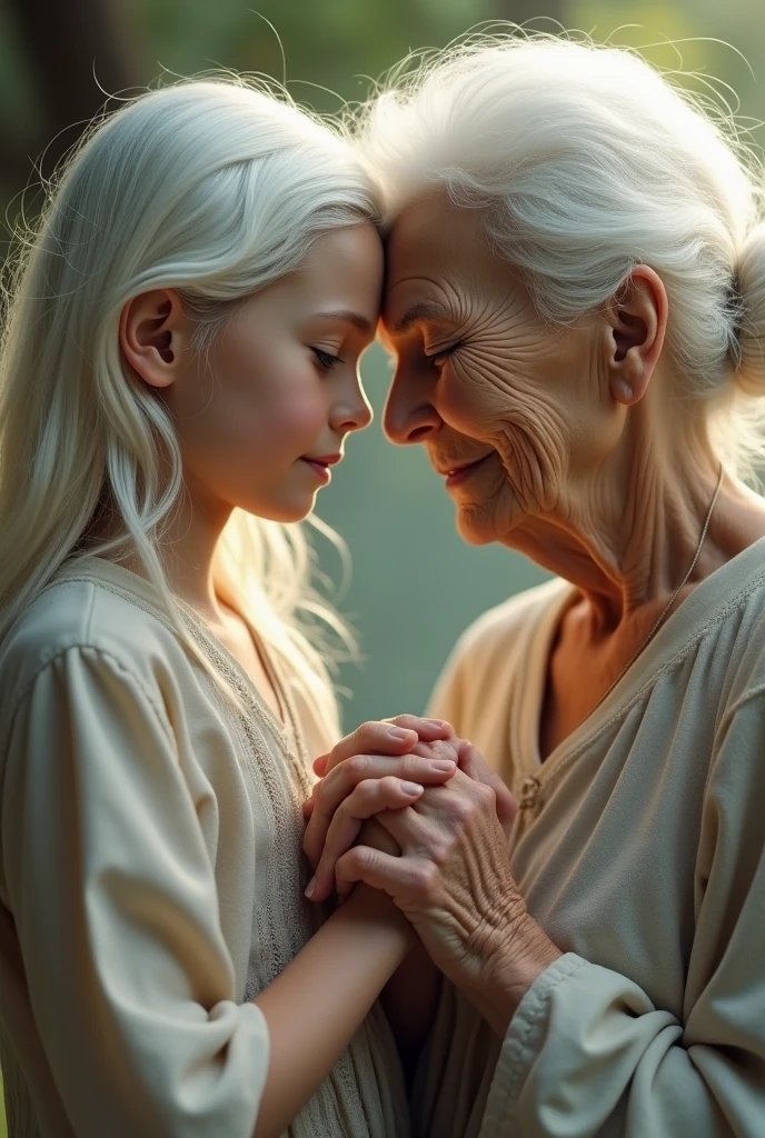 Elderly woman with white hair receives the affection of her family