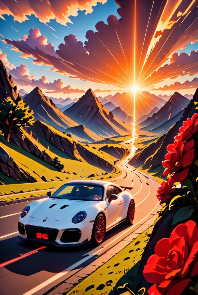 there is a white racing car on a race track, the car has white angel wings, roses along the track, the sun is setting behind the car,  zavy-ctcmcs, w1n